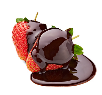 close up of strawberry and chocolate syrup dessert on white background with clipping path